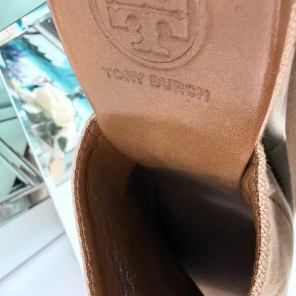 Tory Burch Studded Canvas Wedge Mules Cream/Tan/Size 9.5 - Picture 2 of 10